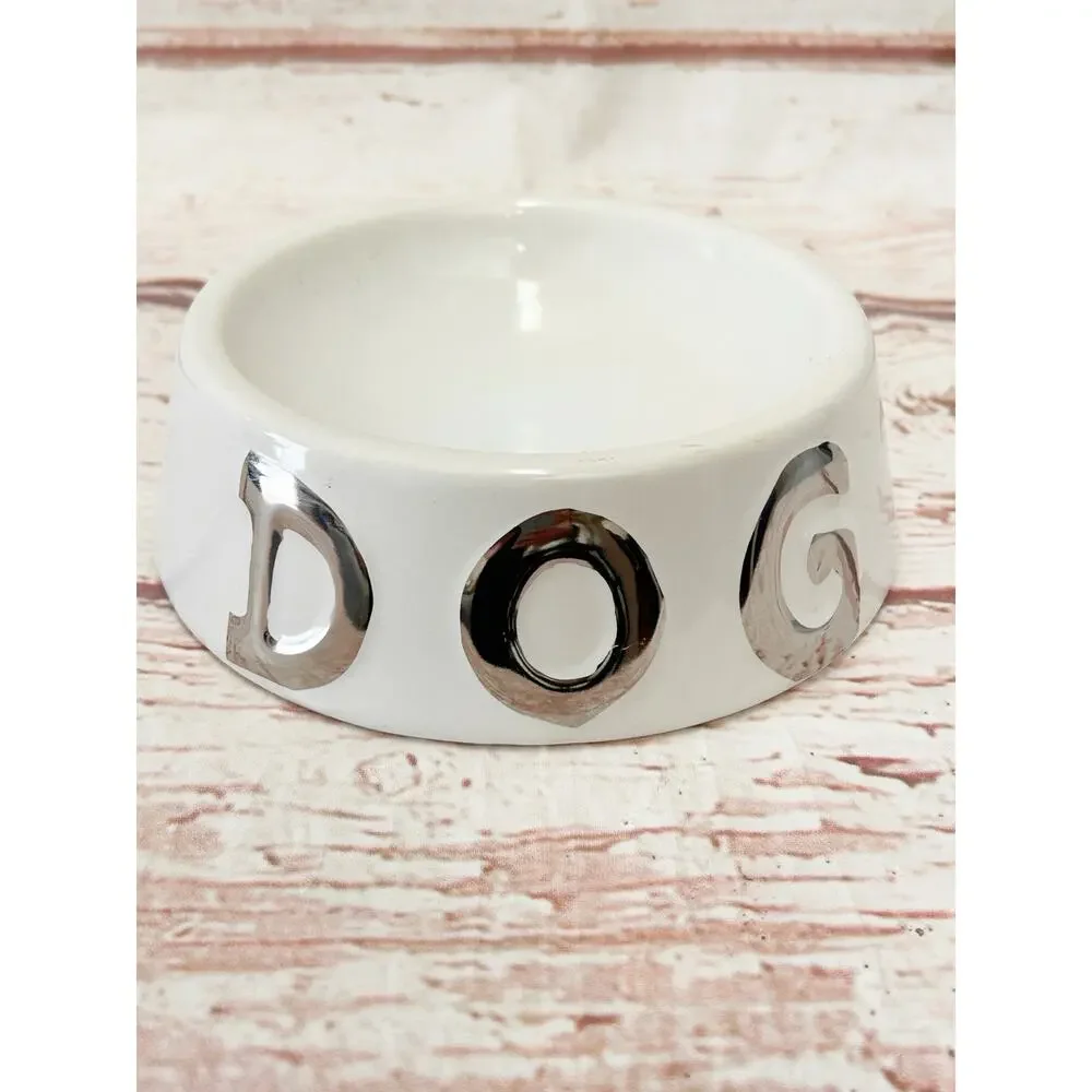 10 STRAWBERRY STREET White Ceramic Dog Bowl Metallic Silver Chrome Letters